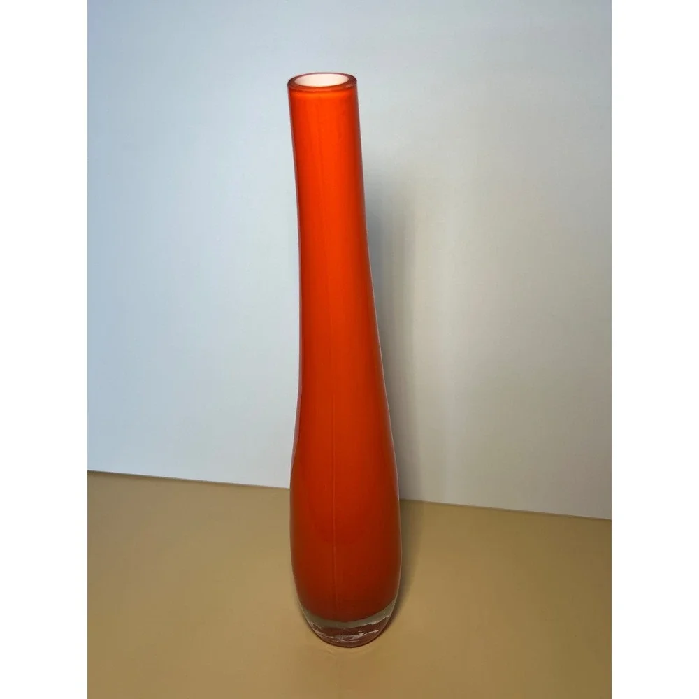 Vintage Orange Art Glass Bud‎ Vase Tall Curved Mid Century Modern Style 12 Inch